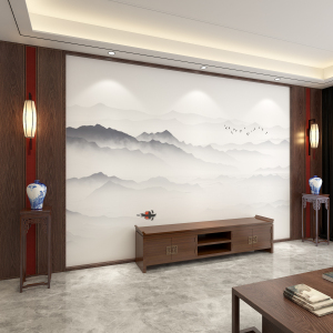 现代新中式风格墙纸简约山水壁画轻奢客厅电视背景墙装饰茶室壁纸