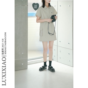 LUXIXIAO连衣裙宽松显瘦抽绳设计感短袖POLO领韩版高腰短款衬衫裙