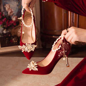 红色婚鞋女秀禾服婚纱两穿高跟新娘鞋2024新款中式订婚礼服鞋细跟