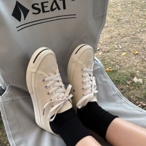 奶白色经典开口笑帆布鞋女韩版ulzzang百搭复古街拍ins学生小白鞋