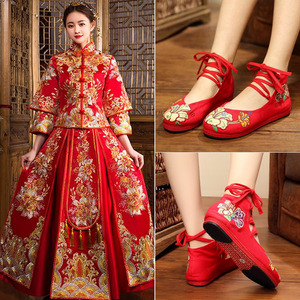 新款中式婚鞋老北京布鞋绣花鞋民族风单鞋秀禾鞋系带新娘鞋红色女