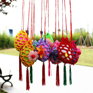 三月三装鸡蛋袋子立夏端午节五彩蛋挂脖网兜手工编织网套网袋成品