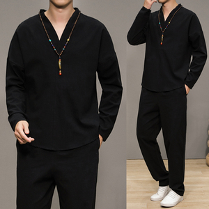 TZ7074-P75秋季中国风棉麻套装汉服复古男士长袖T恤两件套-黑色
