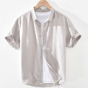 夏季复古棉麻布上衣服男士夏装翻领衬衣男宽松休闲亚麻料短袖衬衫