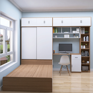 榻榻米储物床与书桌柜一体靠墙卧室小房省空间侧衣柜连床组合套装