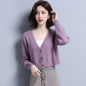 小款针织开衫女短款外搭春装2021年新款春秋高腰上衣女士毛衣外套