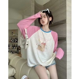 YUKI小树家「软萌兔兔t」粉色撞色印花t恤女夏季薄款长袖防晒罩衫