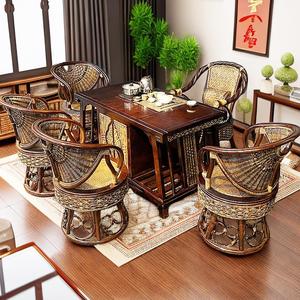 植物真藤椅茶几三件套小圆桌椅组合竹藤编织高靠背凉椅阳台大茶台