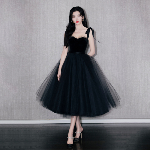 景甜明星同款晚礼服简约中长款黑天鹅名媛宴会蕾丝连衣裙主持人女