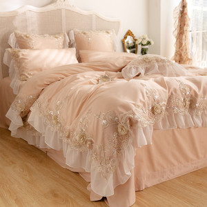 法式100S贡缎长绒棉刺绣四件套纯棉蕾丝公主风结婚庆床上用品粉色