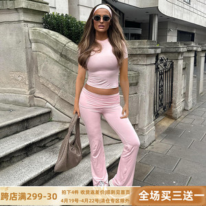 DARLINGAGA美式街头风休闲运动套装瑜伽服女圆领短袖T恤+修身长裤