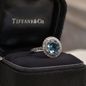 美国tiffany正品代购pt950铂金soleste蓝晶海蓝宝石钻石戒指 包邮