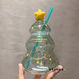 星巴克圣诞树造型玻璃吸管杯带盖子创意桌面高颜值办公室