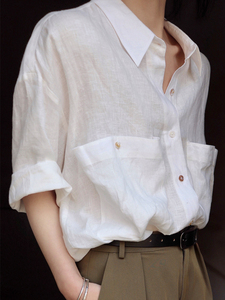 又A又飒亚麻白衬衫女夏季新款法式复古大口袋设计短袖男友风衬衣