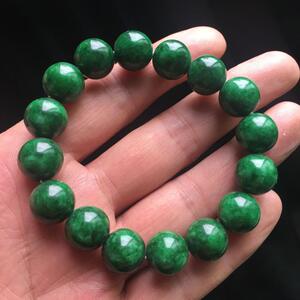 拍卖缅甸翡翠天然干青手串满色男女款花青手链珠子辣绿12mm