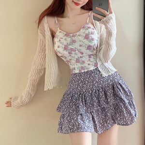 夏季冰丝薄款针织防晒开衫淑女上衣外套女性感碎花小吊带短裙套装