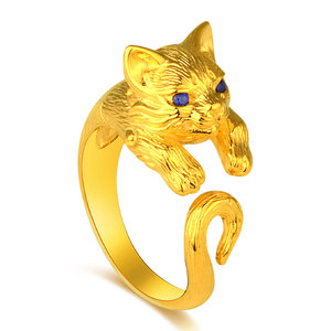 999足金黄金猫戒指简约个性可爱时尚招财猫咪食指环潮牌生日礼物