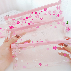 日系透明樱花笔袋简约亮粉女孩文具袋大容量高颜值学生收纳文具盒