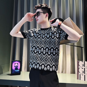 夏季复古几何提花针织短袖T恤男潮流韩版修身花色半袖上衣体恤衫