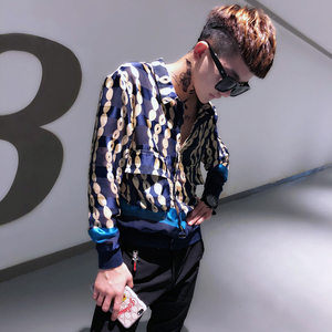 春秋长袖网红衬衫男个性潮牌社会精神小伙印花韩版潮流衬衣夜店男