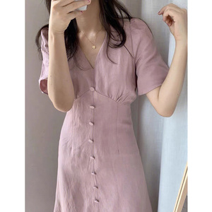 vintage淡粉色夏日花园桔梗裙2024年夏季新款修身百搭气质连衣裙