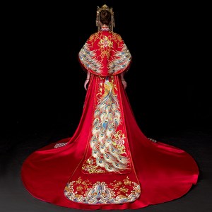 抖音同款长拖尾秀禾服女中式婚纱出阁服凤冠霞帔结婚古装嫁衣礼服