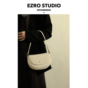 【EZRO】黑白配 拼色质感真皮单肩女包斜挎马鞍包百搭新款洋气包