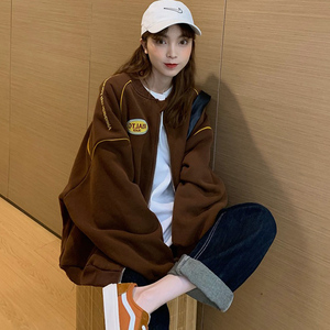 少女初中高中学生摇粒绒奶系棕色卫衣女加绒加厚咖色棒球外套秋冬