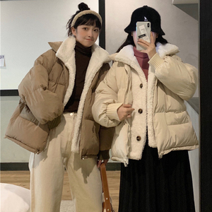 女装冬装2019新款羊羔毛拼接外套姐妹装棉服女韩版宽松闺蜜装学生