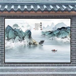 定制电视背景墙瓷砖山水画户外照壁墙画装饰迎门影壁墙画松鹤延年