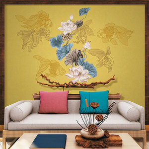 花鸟独绣墙布刺绣背景墙轻奢新中式客厅如鱼得水金鱼床头独秀壁布