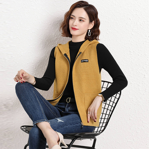 连帽针织开衫马甲背心女春秋宽松外搭洋气带帽无袖羊毛坎肩外套潮
