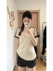 韩系插肩袖T恤女短袖设计感条纹体恤字母印花辣妹修身显瘦上衣夏