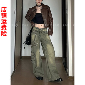 设计感多口袋重工铆钉牛仔裤子女夏季复古hiphop嘻哈宽松阔腿长裤