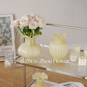 欧式中古芬顿奶油玻璃花瓶客厅创意水养玫瑰百合花器桌面轻奢摆件