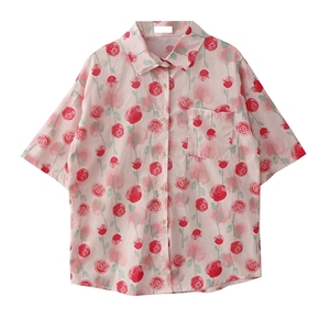 自制夏季新款法式浪漫玫瑰花朵印花衬衫女度假风宽松短袖衬衣上衣