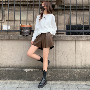 高腰皮短裤咖色pu女2022新款春夏a字皮裤外穿显瘦阔腿裤子配靴子