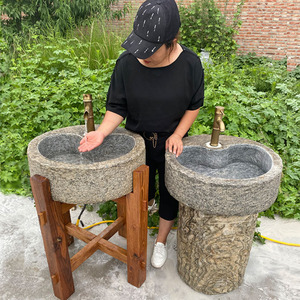 石头石磨老石槽元宝洗手盆户外鱼缸室外洗手池实木架庭院景观装饰