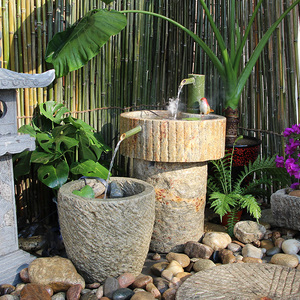 新中式石槽鱼缸流水户外客厅庭院石头装饰阳台造景墙景观落地摆件