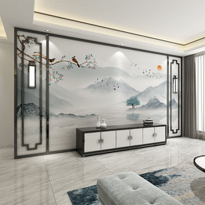 2022新中式墙布电视背景墙壁纸山水花鸟墙纸客厅沙发影视墙壁画布