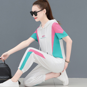 运动套装女夏时尚气质潮牌短袖卫衣连帽套头衫宽松休闲服两件套薄
