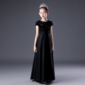 新款钢琴表演礼服女童修身黑色亮片小半袖公主裙提琴乐团主持齐地