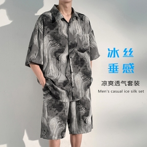 新中式国风冰丝沙滩套装男士夏季薄款宽松大码高级感衬衫短裤夏装