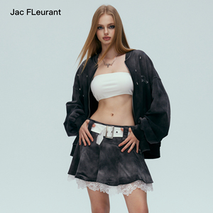 官方直营JacFLeurant黑色水洗烫钻夹克卫衣腰带百褶短裙时尚套装