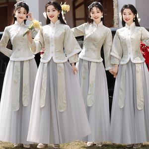 中式伴娘服冬季加厚加绒2024新款长袖冬天姐妹团伴娘裙高级感礼服