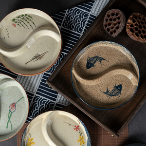 釉下彩日式陶瓷餐具双格太极分格水果拼盘复古农家乐家用盘子