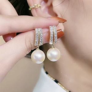 韩国法式微镶锆石珍珠耳环女小众设计感925银针耳钉气质轻奢耳饰