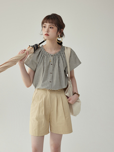 「北岛AMUU」日系复古条纹可爱娃娃衫女夏季设计感木耳边洋气衬衫