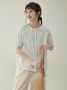 「北岛AMUU」日系拼色条纹圆领单排扣短袖衬衫女夏宽松小个子上衣