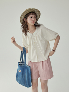 「北岛AMUU」日系圆领娃娃衫开叉泡泡袖衬衫夏宽松短袖设计感上衣